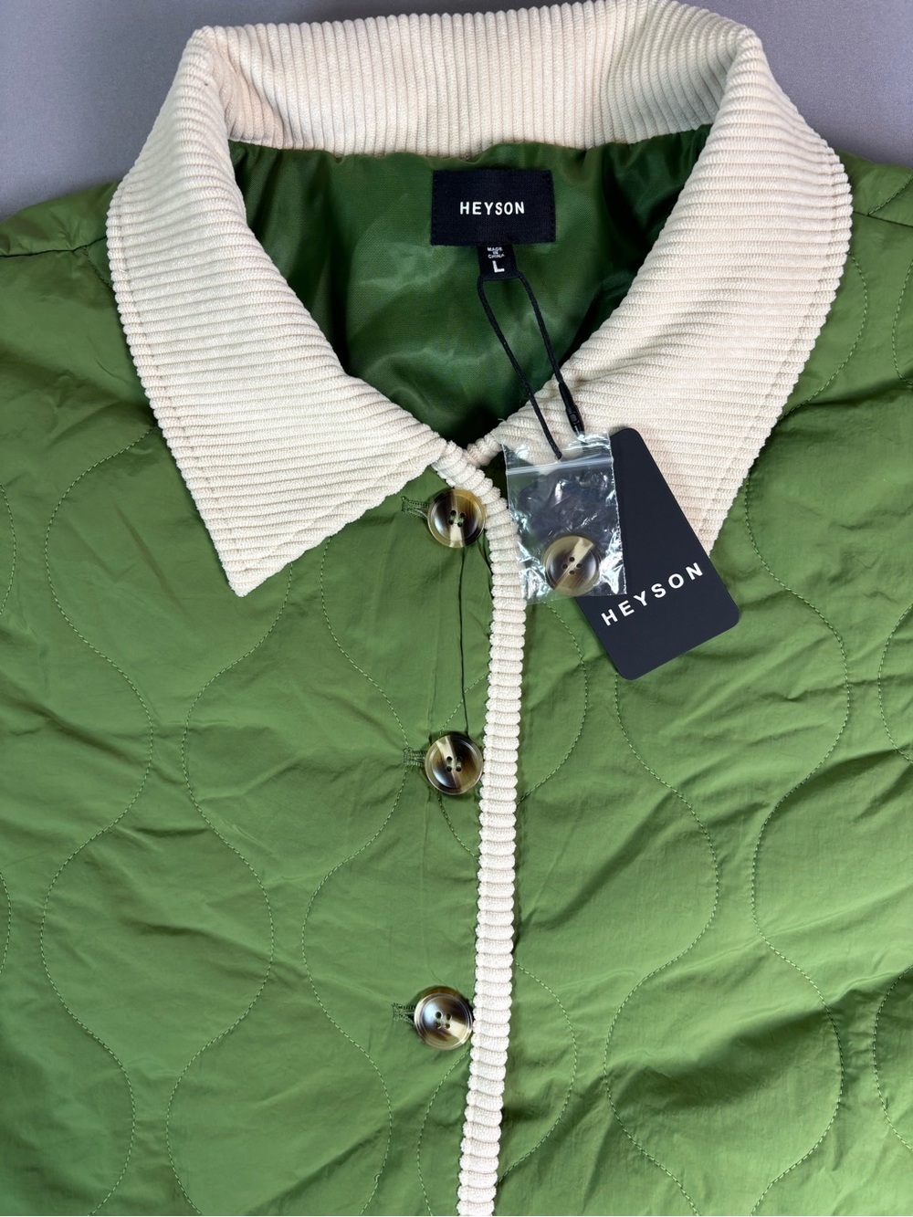 Stunning HEYSON Quilted Green Jacket with Cream Trim and Buttons Large NWT - Picture 2 of 10